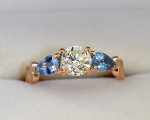Custom Rose Gold Engagement Ring with Diamond Pear Aquamarines.JPG