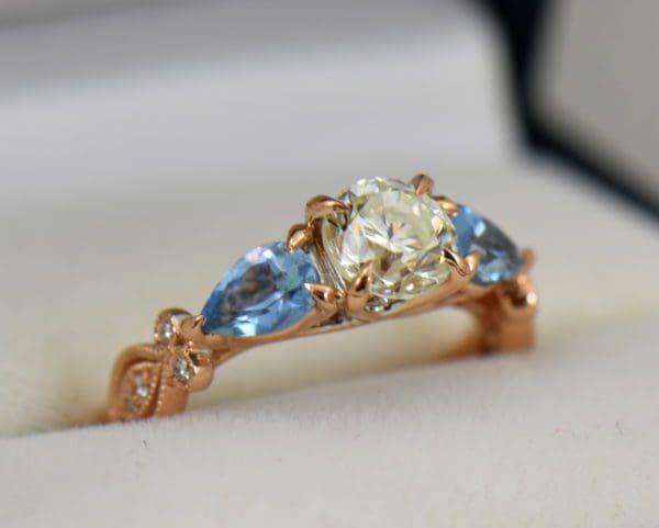 Custom Rose Gold Engagement Ring with Diamond Pear Aquamarines 2.JPG