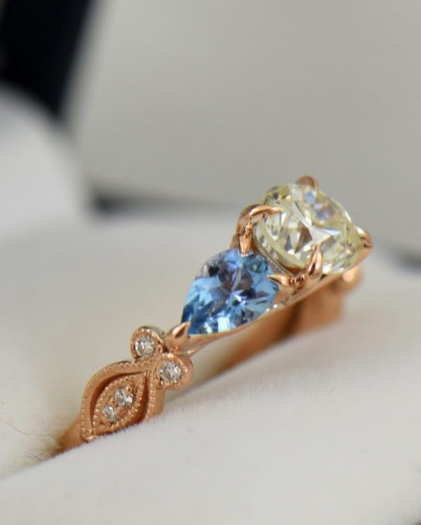 Custom Rose Gold Engagement Ring with Diamond Pear Aquamarines 3.JPG