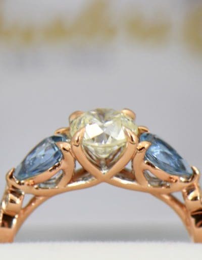 Custom Rose Gold Engagement Ring with Diamond Pear Aquamarines 4.JPG