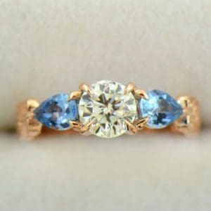 Custom Rose Gold Engagement Ring with Diamond Pear Aquamarines 5.JPG