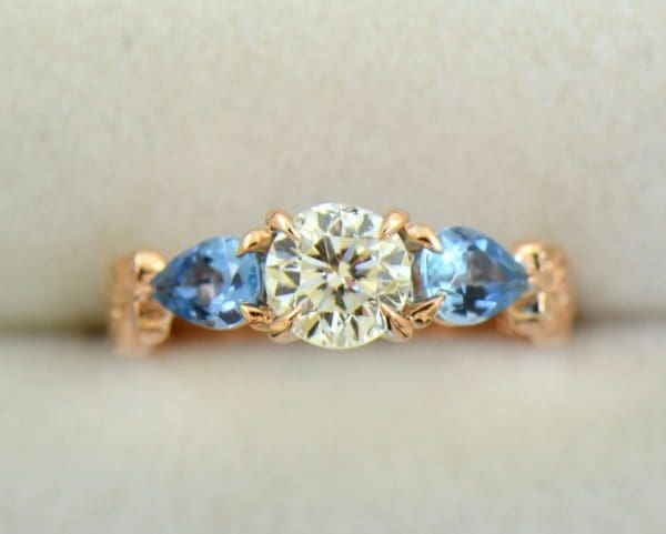 Custom Rose Gold Engagement Ring with Diamond Pear Aquamarines 5.JPG