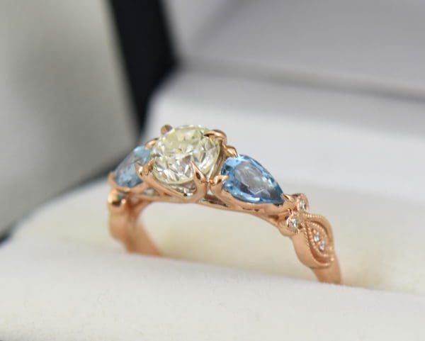 Custom Rose Gold Engagement Ring with Diamond Pear Aquamarines 6.JPG