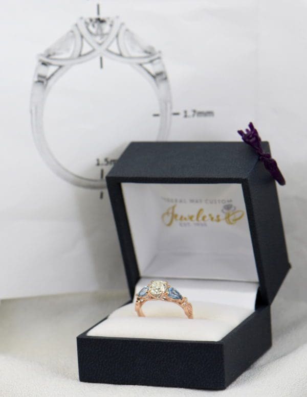 Custom Rose Gold Engagement Ring with Diamond Pear Aquamarines 8.JPG