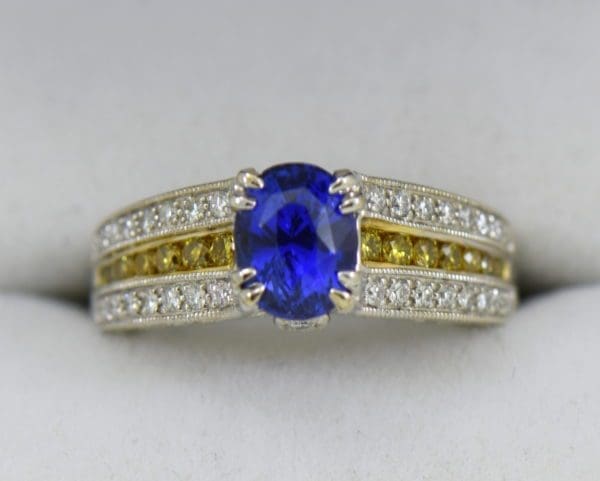 Custom White Gold Ring with Ceylon Blue Violet Sapphire Yellow Diamonds 2.JPG
