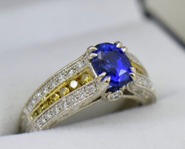 Custom White Gold Ring with Ceylon Blue Violet Sapphire Yellow Diamonds 3.JPG
