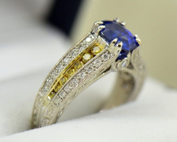Custom White Gold Ring with Ceylon Blue Violet Sapphire Yellow Diamonds 6.JPG