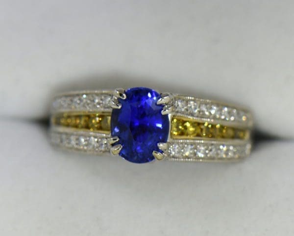 Custom White Gold Ring with Ceylon Blue Violet Sapphire Yellow Diamonds 7.JPG