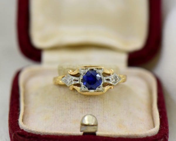 Late Deco Yellow Gold Blue Sapphire Engagement Ring Flower of Love.JPG
