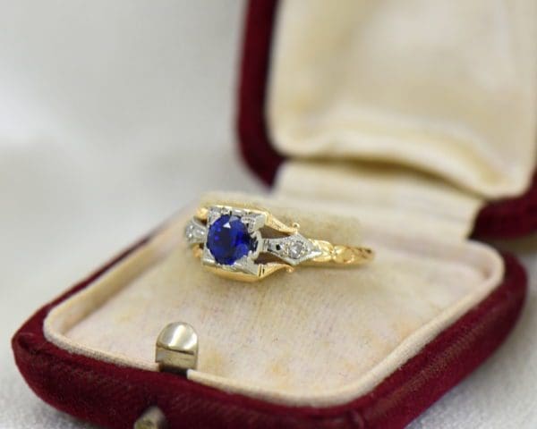 Late Deco Yellow Gold Blue Sapphire Engagement Ring Flower of Love 2.JPG