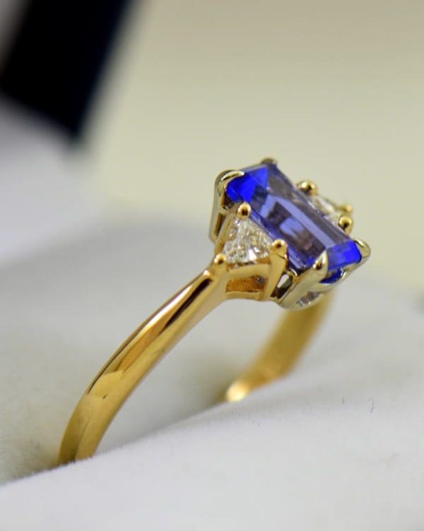 Petite Emerald Cut Tanzanite Trillion Diamond Yellow Gold Ring 3.JPG
