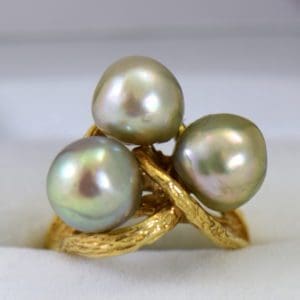1960s cocktail ring with 3 baroque grey pearls in textured yellow gold.JPG