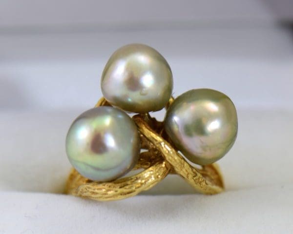 1960s cocktail ring with 3 baroque grey pearls in textured yellow gold.JPG