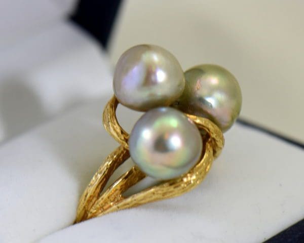 1960s cocktail ring with 3 baroque grey pearls in textured yellow gold 2.JPG