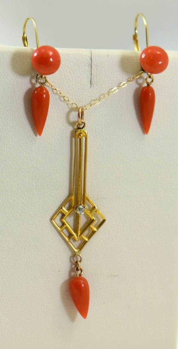 Art Deco Yellow Gold Meditteranean Red Coral Lavalier Earring Set.JPG