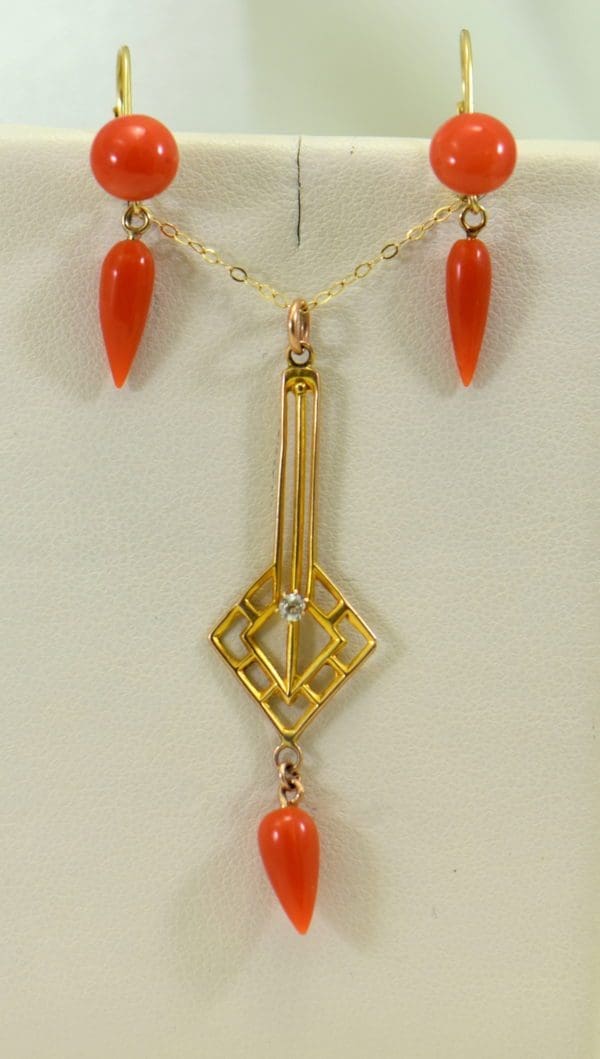 Art Deco Yellow Gold Meditteranean Red Coral Lavalier Earring Set 2.JPG