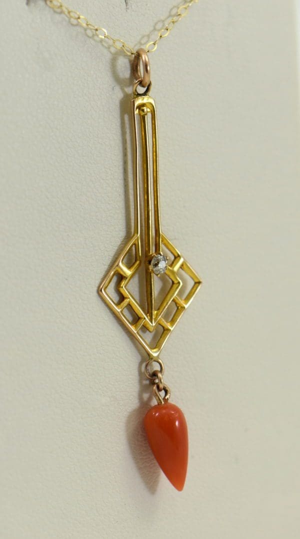 Art Deco Yellow Gold Meditteranean Red Coral Lavalier Earring Set 7.JPG