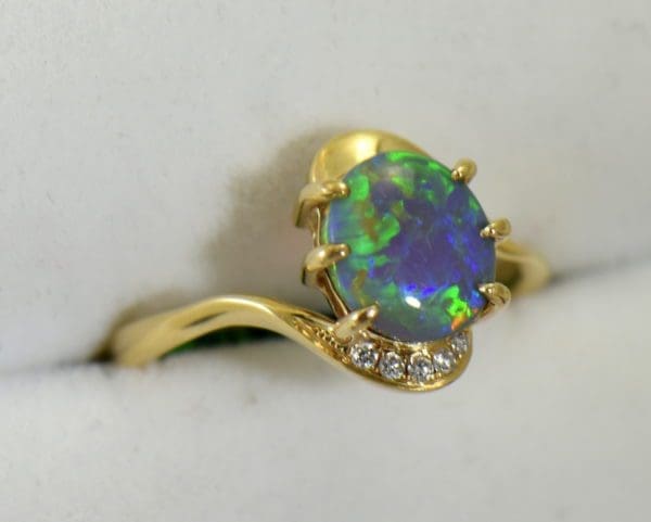 Australian Semi Black Opal set in Yellow Gold Bypass Ring Mounting with Diamond Accents 3.JPG