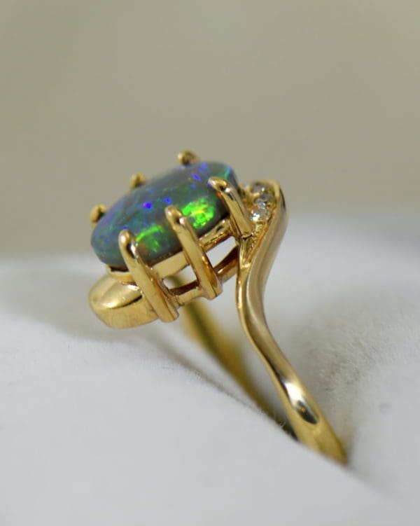 Australian Semi Black Opal set in Yellow Gold Bypass Ring Mounting with Diamond Accents 4.JPG