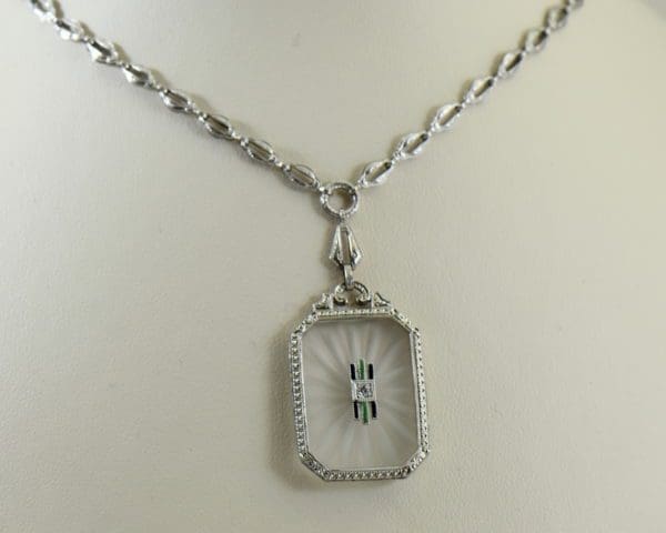 Camphor Glass Diamond Enamel and engraving necklace art deco circa 1930 2.JPG
