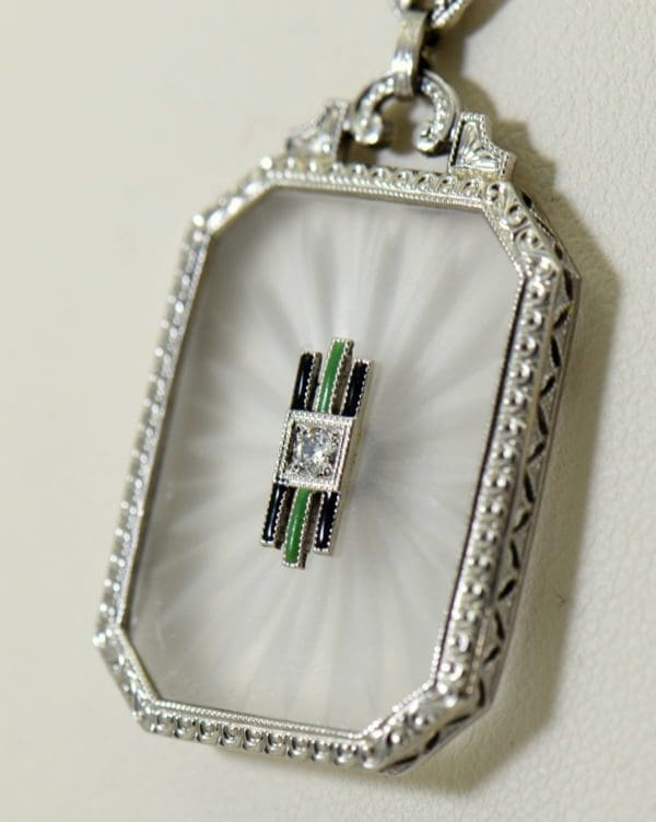 Camphor Glass Diamond Enamel and engraving necklace art deco circa 1930 7.JPG