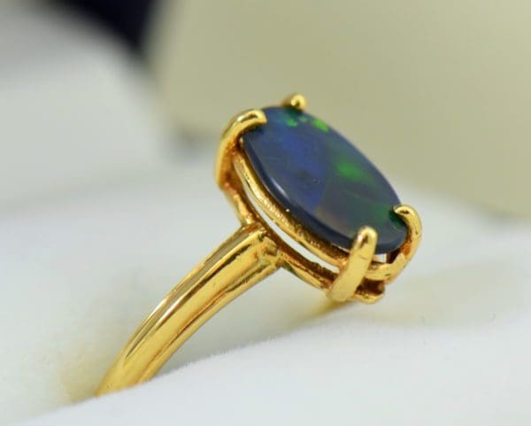 Chinese Writing Pattern Black Opal set in Orange Blossom Yellow Gold Solitaire circa 1930 6.JPG