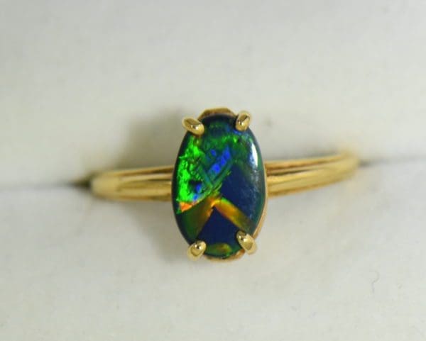 Chinese Writing Pattern Black Opal set in Orange Blossom Yellow Gold Solitaire circa 1930 7.JPG