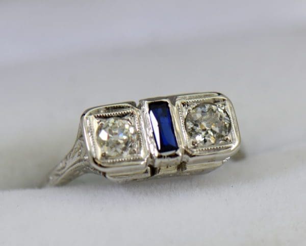 Diamond Synthetic Sapphire Die Struck Art Deco 2 stone ring.JPG