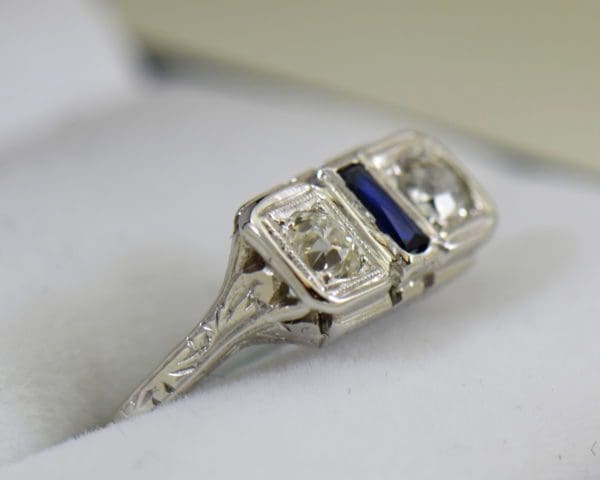 Diamond Synthetic Sapphire Die Struck Art Deco 2 stone ring 2.JPG