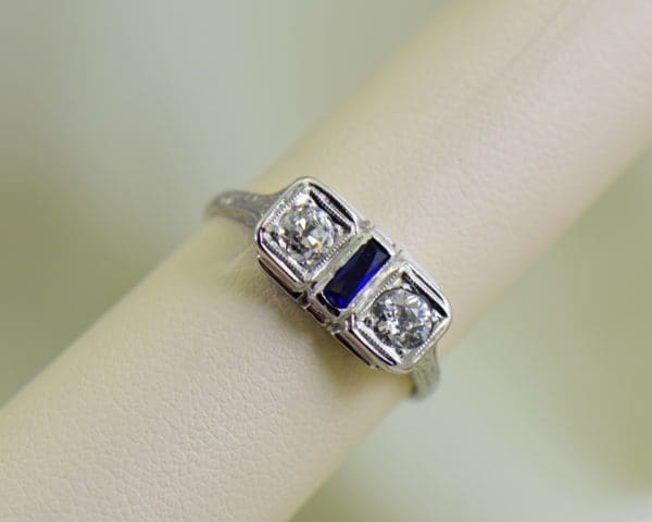 Diamond Synthetic Sapphire Die Struck Art Deco 2 stone ring 5.JPG
