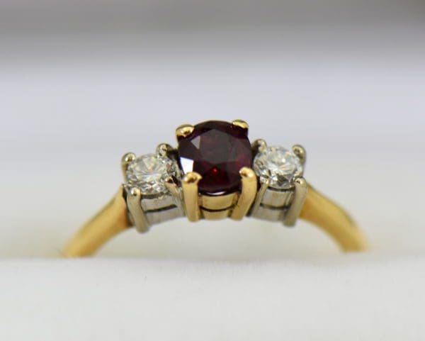 Estate Pigeon Blood Ruby Diamond 3 Stone Ring two tone gold.JPG