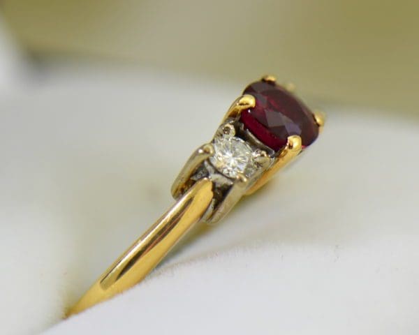 Estate Pigeon Blood Ruby Diamond 3 Stone Ring two tone gold 2.JPG
