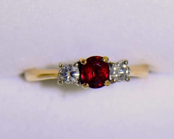 Estate Pigeon Blood Ruby Diamond 3 Stone Ring two tone gold 4.JPG