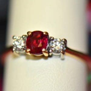Estate Pigeon Blood Ruby Diamond 3 Stone Ring two tone gold 6.JPG