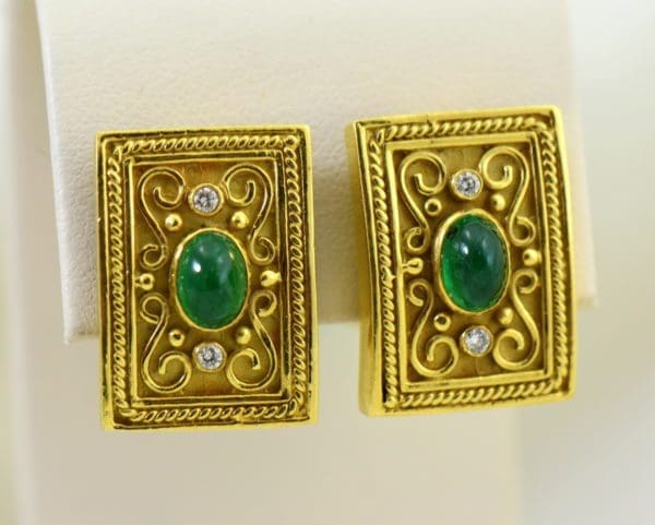 Etruscan Style 18k yellow gold earrings with cabochon emeralds and diamonds omega backs.JPG