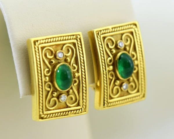 Etruscan Style 18k yellow gold earrings with cabochon emeralds and diamonds omega backs 2.JPG
