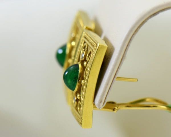 Etruscan Style 18k yellow gold earrings with cabochon emeralds and diamonds omega backs 3.JPG