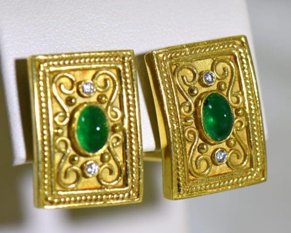 Etruscan Style 18k yellow gold earrings with cabochon emeralds and diamonds omega backs 4.JPG