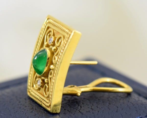 Etruscan Style 18k yellow gold earrings with cabochon emeralds and diamonds omega backs 7.JPG