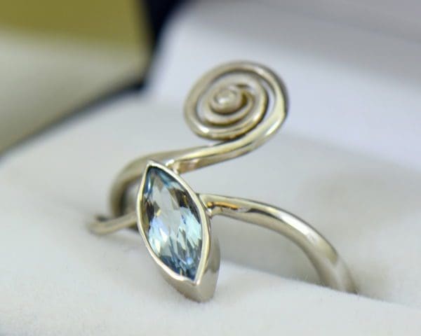 Modern Freeform Swirl Ring with Marquise Aquamarine in white gold 6.JPG