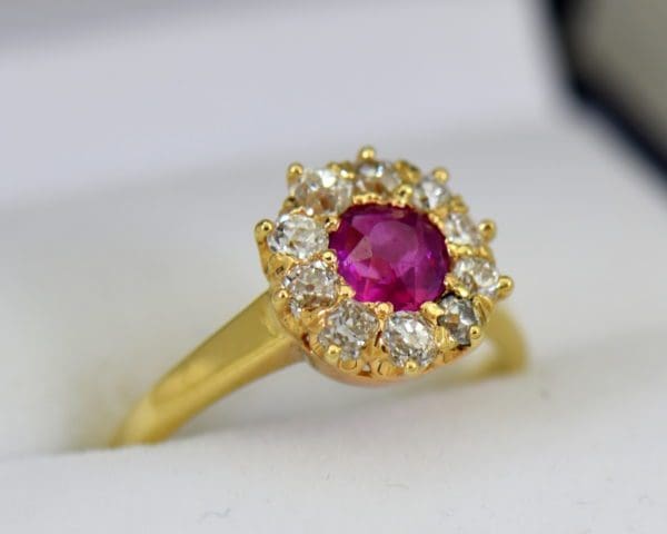 Unheated Ruby Mine Cut Diamond Victorian Halo Ring in yellow gold.JPG