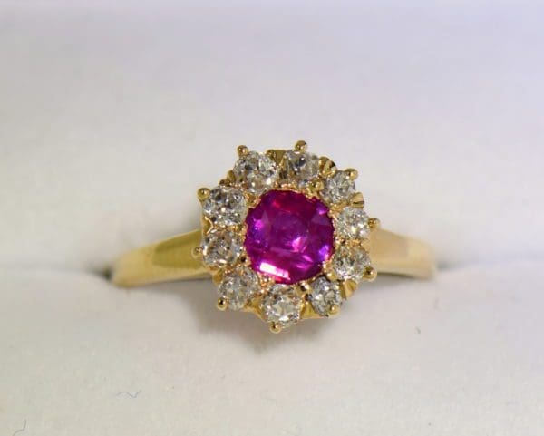 Unheated Ruby Mine Cut Diamond Victorian Halo Ring in yellow gold 5.JPG