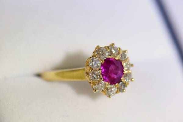 Unheated Ruby Mine Cut Diamond Victorian Halo Ring in yellow gold 7.JPG