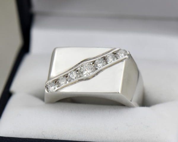 Custom Rectangular Mens Ring with Channel Set Diamonds 1ctw 14kw.JPG