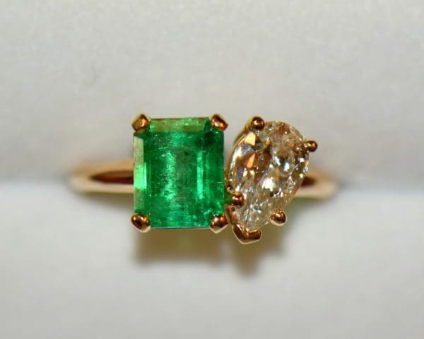 G Modern Two Stone Ring with Pear Diamond Emerald Cut Emerald yellow gold 6.JPG