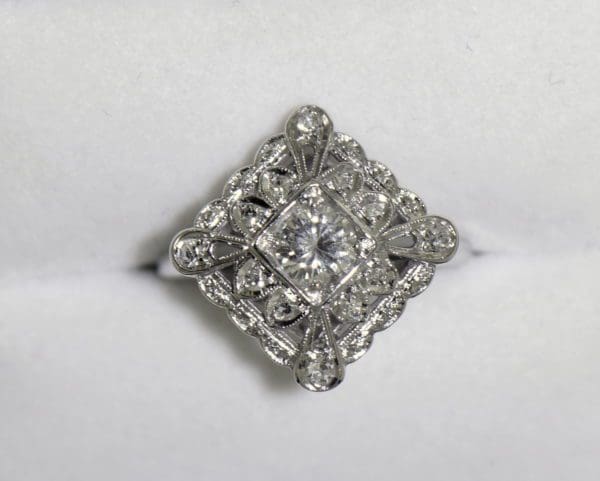 Vintage Diamond Ring .50ct Center Diamond with filigree details in white gold.JPG