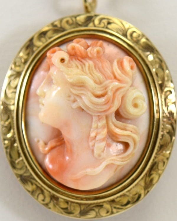 antique carved angel skin coral cameo high relief face in engraved yellow gold frame 6.JPG