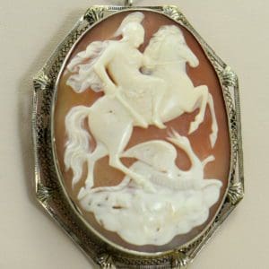 art deco shell cameo pin pendant combo with knight slaying dragon in white gold frame 2.JPG