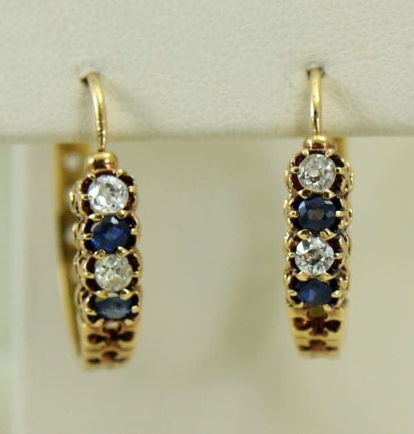 Victorian sapphire and mine cut diamond hoop earrings in rosy yellow gold.JPG