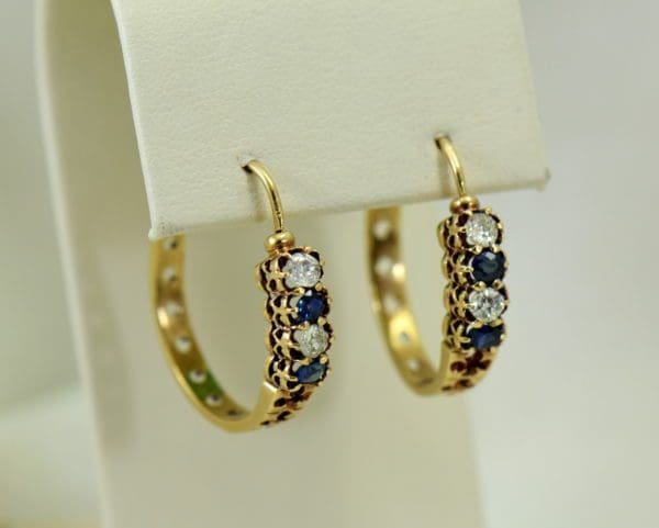 Victorian sapphire and mine cut diamond hoop earrings in rosy yellow gold 2.JPG